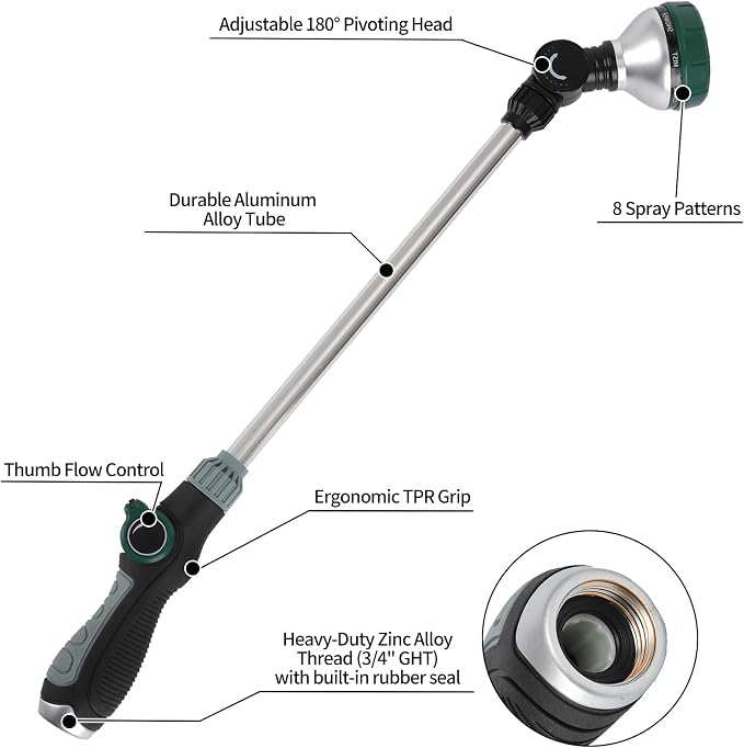 Watering Wand for Garden Hose, 24 Inch, 8 Spray Patterns, Garden Hose Nozzle - Image 2