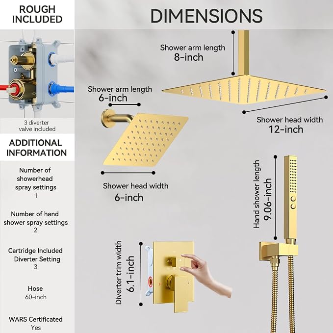 Brushed Gold Shower System, STARBATH Ceiling Mount Shower Set 12+6'' Wall Mount - Image 5