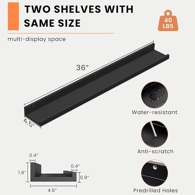 Heimlove Picture Ledge Shelf, Floating Shelves Set of 2, 36 Inches Picture Shelf - Image 3
