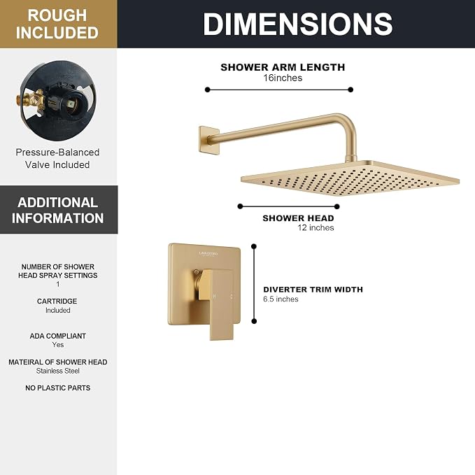 Lava Odoro 12-inch Modern Square Shower Faucet Set Champagne Gold, Shower Trim - Image 7