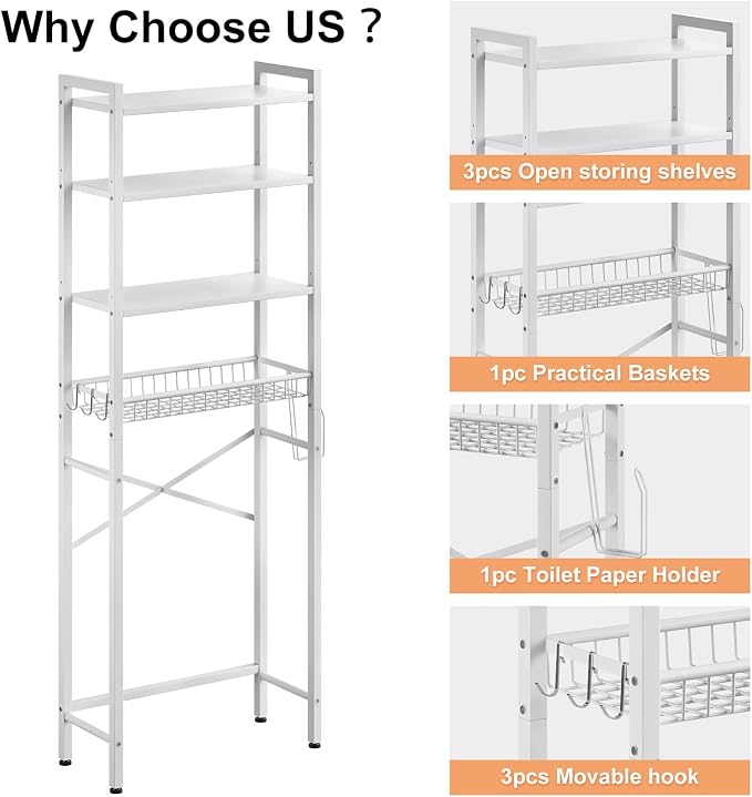 Over-The-Toilet Storage Rack, 4-Tier Bathroom Organizer Shelf Over Toilet - Image 6