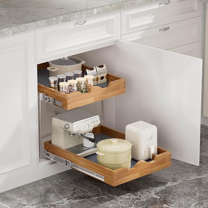 OCG 2 Tier Pull Out Cabinet Organizer, Heavy-Duty Slide out Wood Drawer Shelf - Image 2