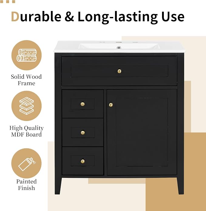30" Bathroom Vanity with Sink Combo, Tip-Out Drawer, Solid Wood & MDF Modern - Image 7