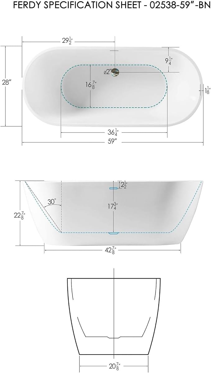 FerdY Bali 59" Acrylic Freestanding Bathtub, Gracefully Shaped Freestanding - Image 2