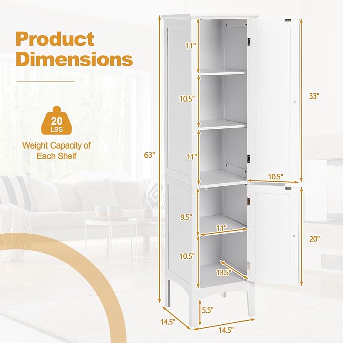 COSTWAY Tall Bathroom Storage Cabinet, 5-Tier Freestanding Linen Tower Cabinet - Image 3