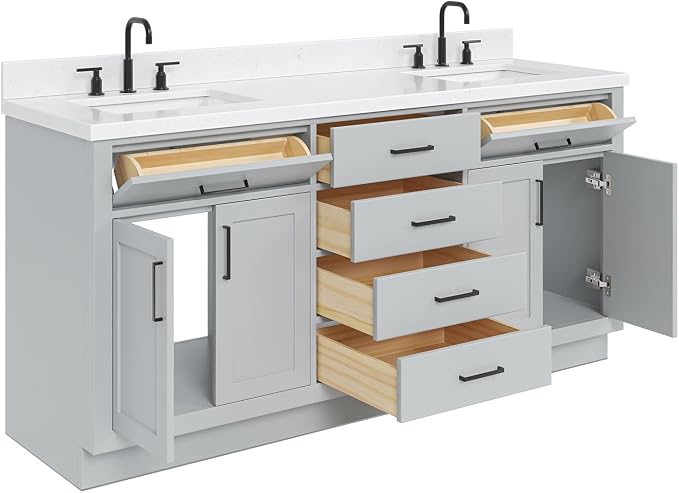 ARIEL Hepburn 72" Grey Double Vanity, 1.5" Edge Carrara Quartz Countertop & - Image 9