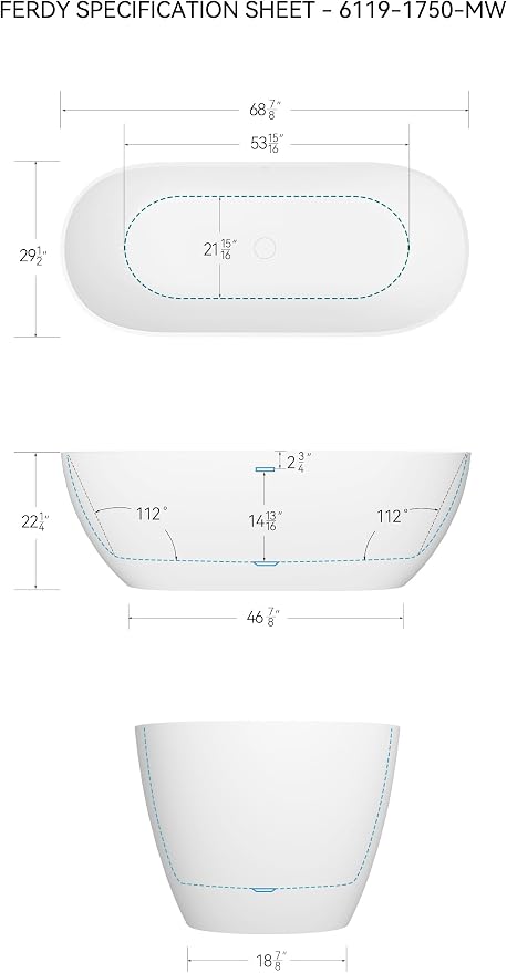 FerdY Fiji 69" Stone Resin Freestanding Bathtub, Classic Oval Shape Soaking - Image 7
