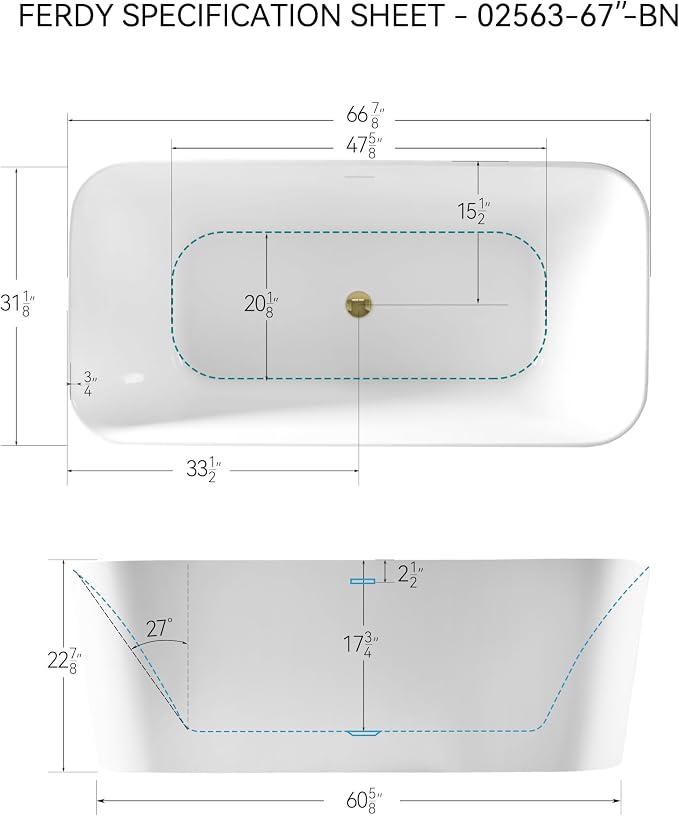 FerdY Maui 67" Acrylic Freestanding Bathtub, Contemporary Elegant Design - Image 4