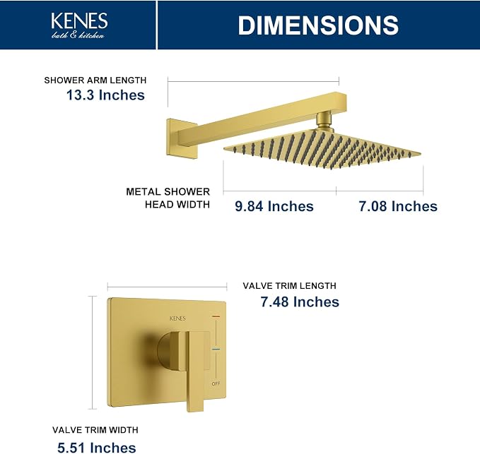 KENES Brushed Gold Shower Faucet, Modern Square 10-Inch Shower Head and Handle - Image 6