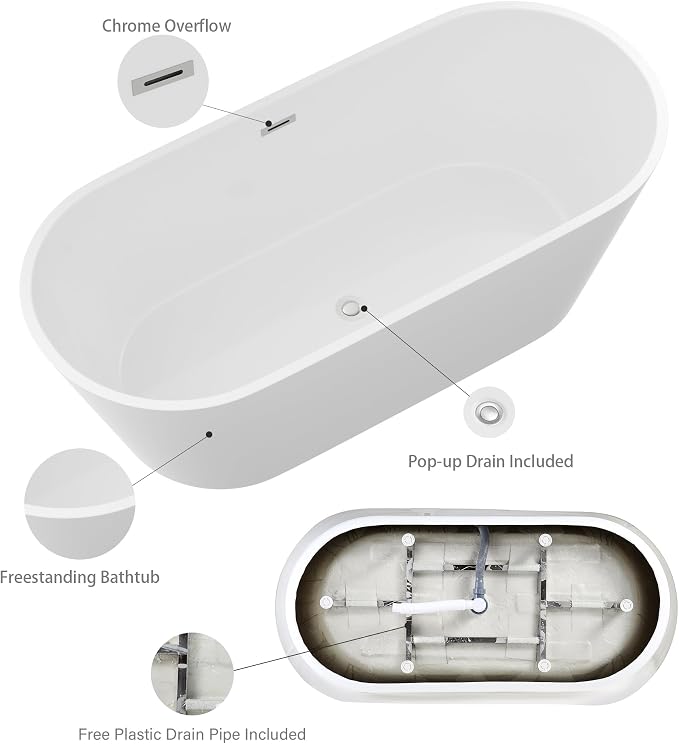 Logmey 67 Inch Freestanding Bathtub White Acrylic Oval Shape Soaking Tub - Image 5