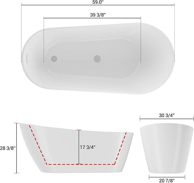 59 Inch Freestanding Acrylic Bathtub, Modern Soaking Tub - Image 2