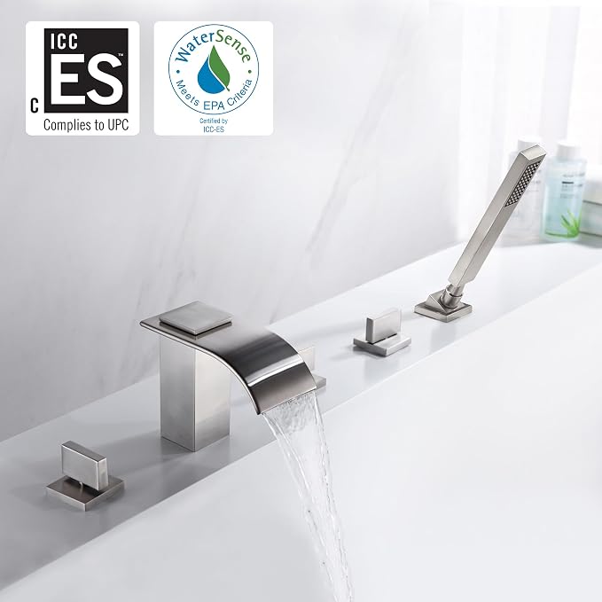Roman Tub Faucet with Hand Shower, Waterfall Tub Filler Deck Mount Brushed - Image 2