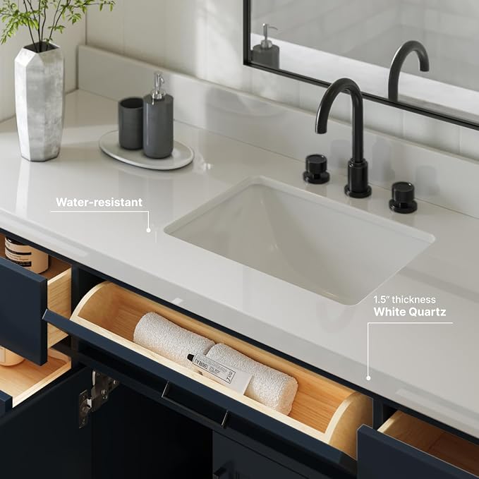 ARIEL 67" Midnight Blue Vanity, 1.5" Edge Pure White Quartz Countertop & Splash - Image 4