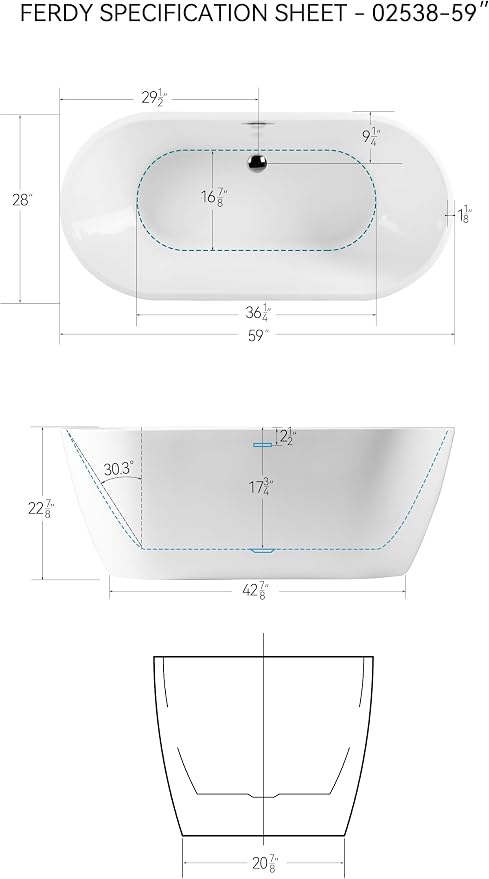 FerdY Nauru 59" Freestanding Bathtub, Gracefully Shaped Freestanding Soaking tub - Image 4