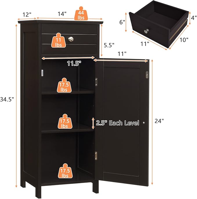 COSTWAY Bathroom Storage Cabinet, Single Door Floor Cabinet - Image 3