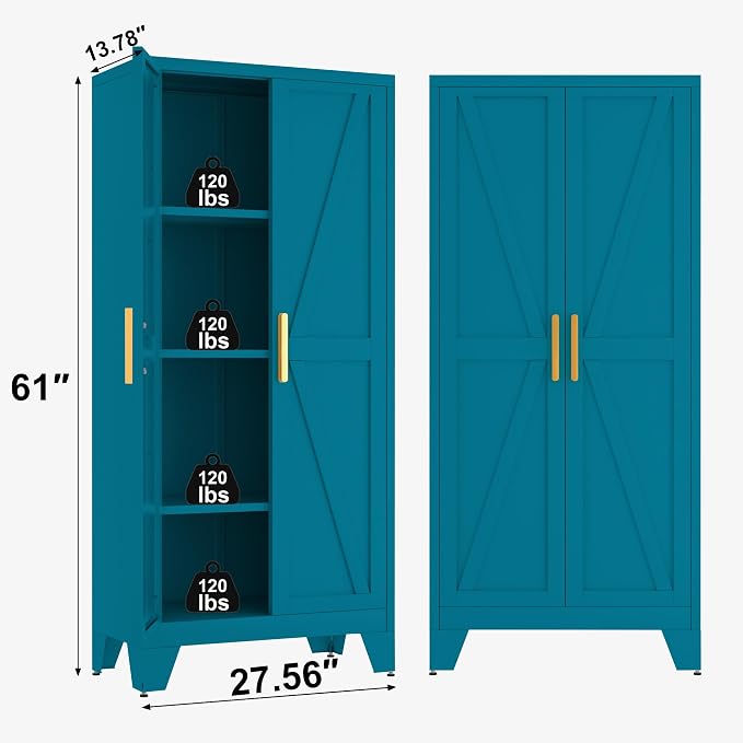 61H Metal Storage Cabinet with 2 Doors and Adjustable Shelves, Farmhouse - Image 2