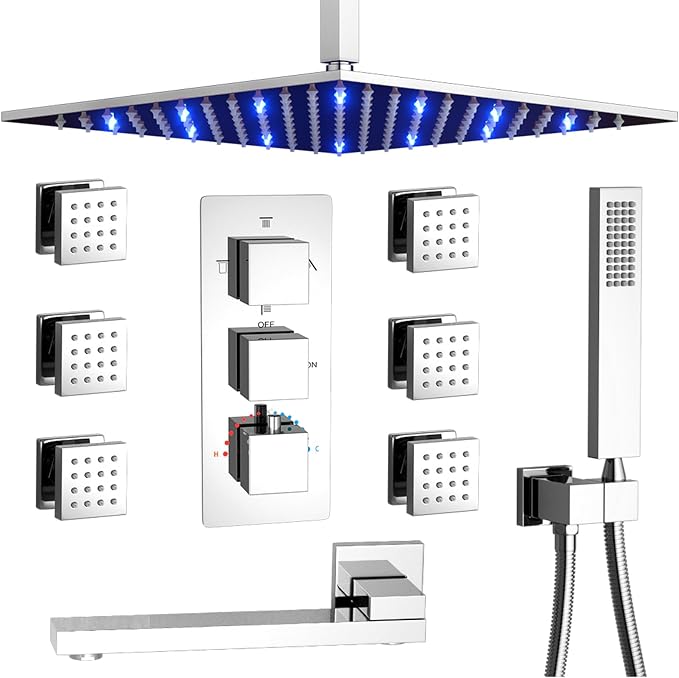 Thermostatic Shower Faucet Set Polished Chrome Rain Shower System by KATAIS
