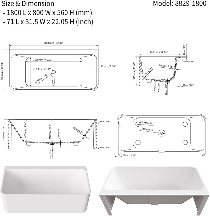 Cpingao 71" Stone Resin Freestanding Bathtub, Rectangular Shape Freestanding - Image 5