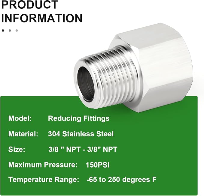 TAISHER 10PCS 304 Stainless Steel Pipe Fitting, 3/8" NPT Male x 3/8" NPT Female - Image 5