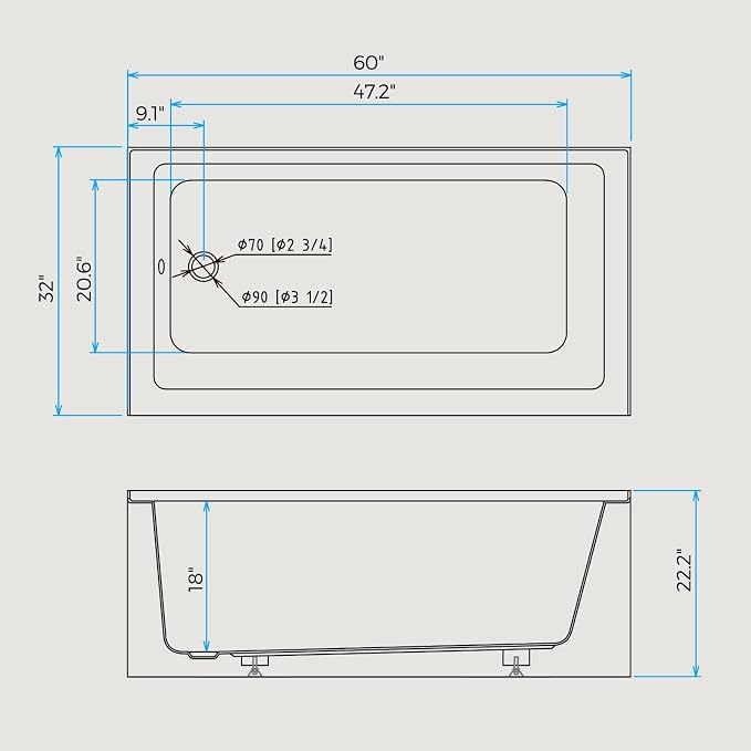 60x32 Inch Acrylic Bathtub, Single Apron Alcove Soaking Tub - Image 2