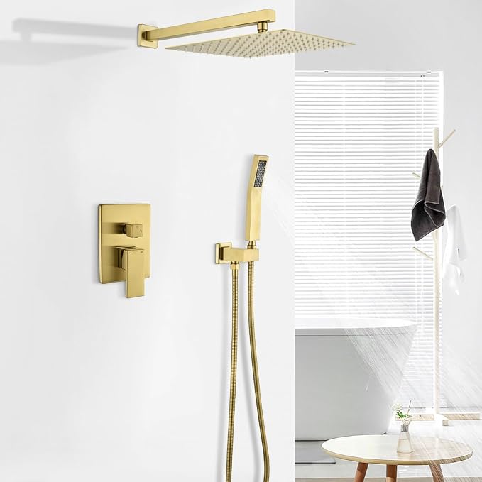 WELLFOR Brushed Gold 12" Wall Mounted Shower Faucet Set Single Handles - Image 4