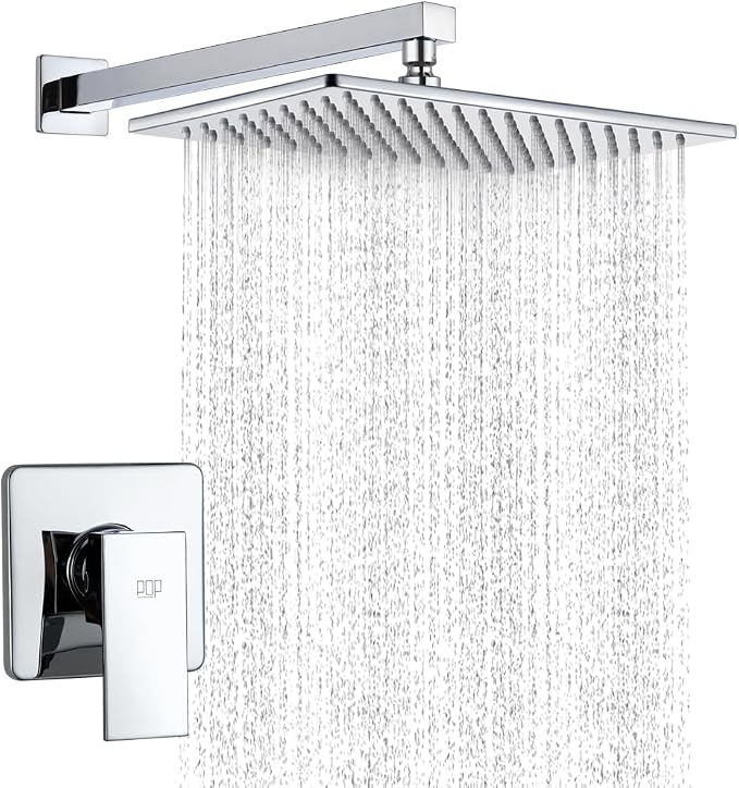 Shower Faucet Set Chrome Rainfall 12“ Rectangle Stainless Steel Shower Head and by POPSANITARYWARE