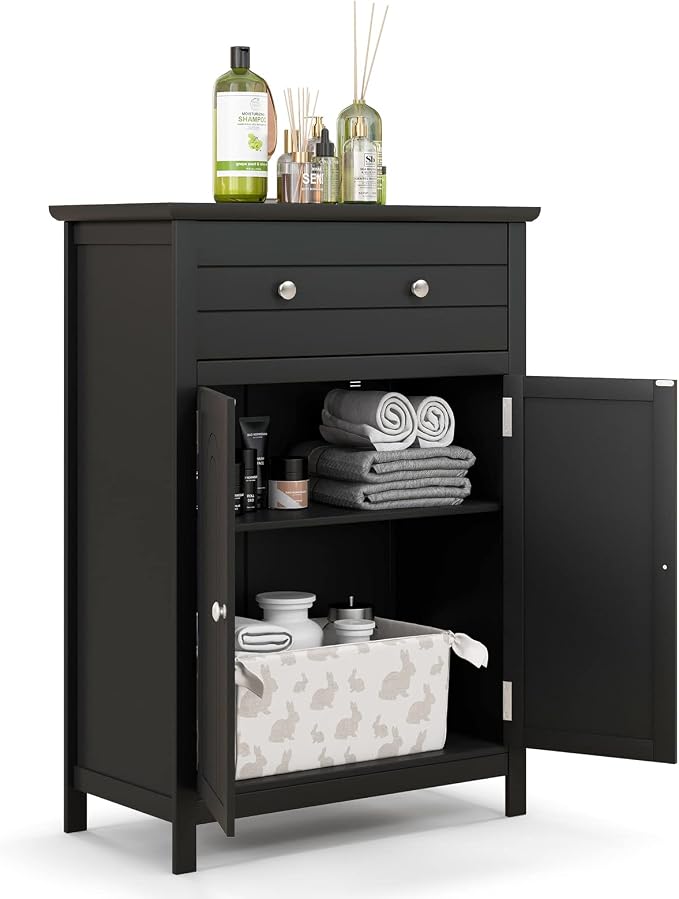 COSTWAY Bathroom Floor Cabinet, Wooden Side Storage Organizer w/Larger Drawer by COSTWAY