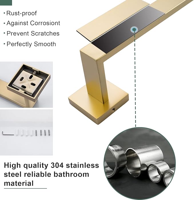 Brushed Gold Bathroom Towel Bar Holder Sets Premium Stainless Steel 4-Piece - Image 6