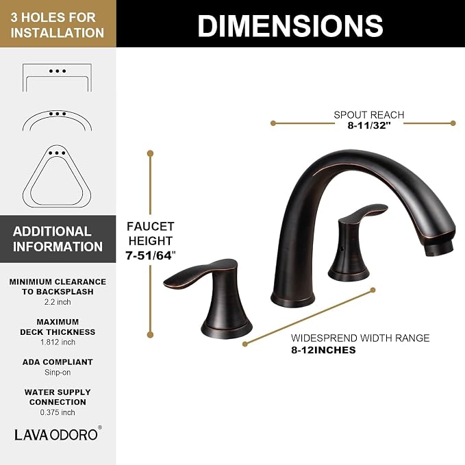 Oil Rubbed Bronze Roman Tub Faucet, Lava Odoro 8 inch Widespread Bathtub Faucet - Image 5