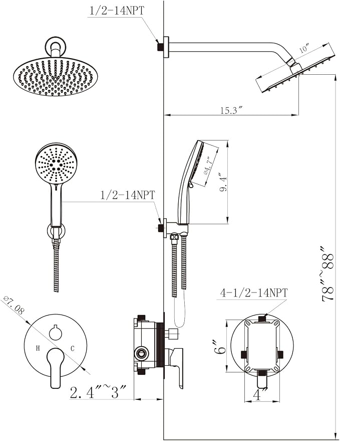 Shower Faucet Set Brass 10IN Rough-In Valve Body Trim Kit Rainfall Included - Image 8