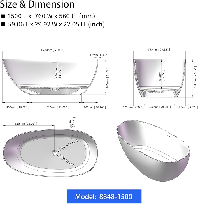 Cpingao 59" Freestanding Matte White Stone Resin Soaking Bathtub Modern Stand - Image 6