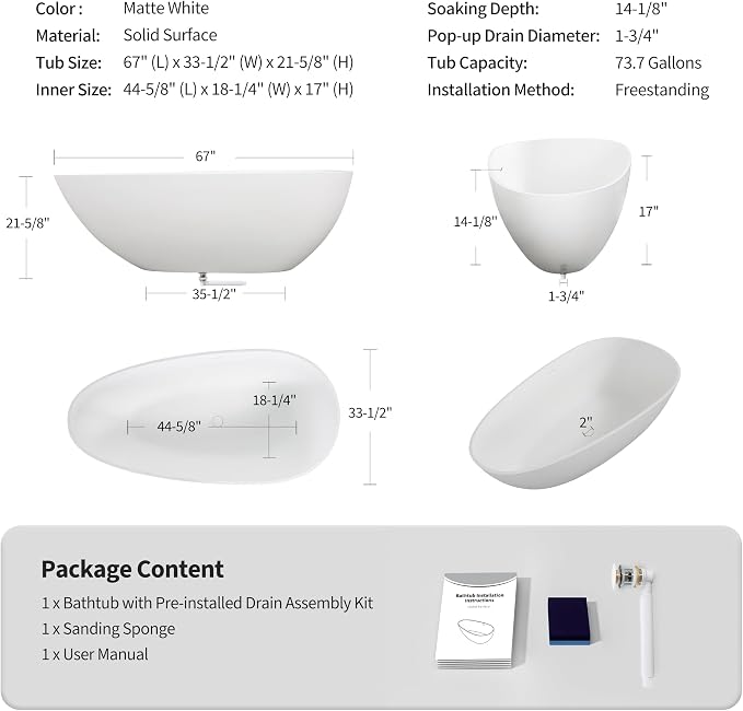 Abruzzo 67“ Solid Surface Freestanding Bathtub, Egg Shell Shaped Stone Resin - Image 3