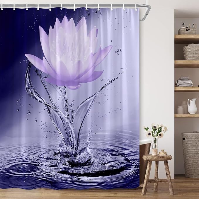 Lotus Shower Curtain Black White Violet Flower Elegant Blooming Floral - Image 4