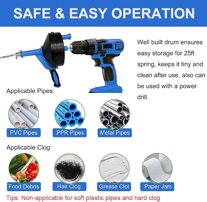 Drain Auger, Clog Remover with Drill Adapter, 25 Feet Flexible Plumbing Snake - Image 8