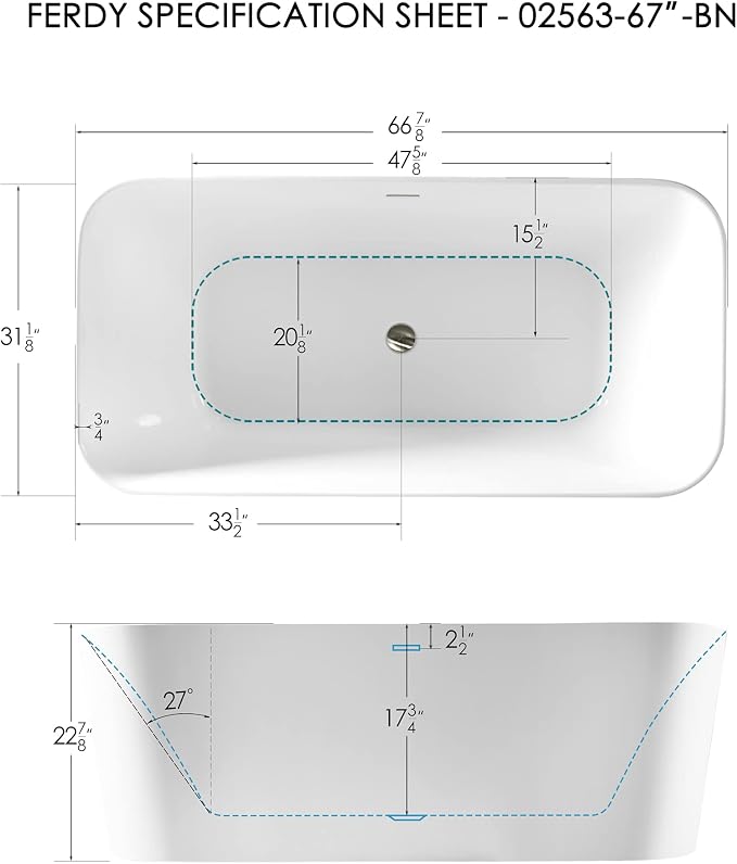 FerdY Maui 67" Acrylic Freestanding Bathtub, Contemporary Elegant Design - Image 7