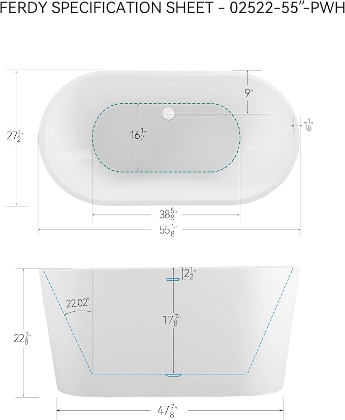 FerdY Shangri-La 55" Acrylic Freestanding Bathtub, Ergonomic Lightweight - Image 7