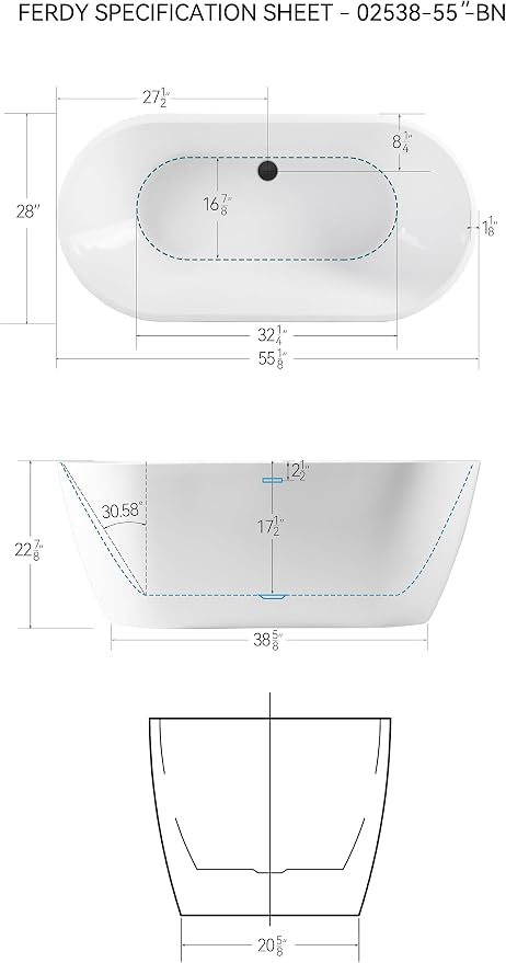 FerdY 55" Bali Acrylic Freestanding Bathtub, Gracefully Shaped Freestanding - Image 4