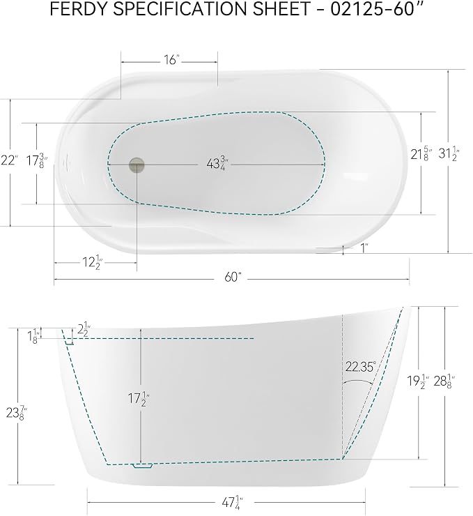 FerdY Lana'i 60" Freestanding Bathtub, Gracefully Shaped Freestanding Soaking - Image 4