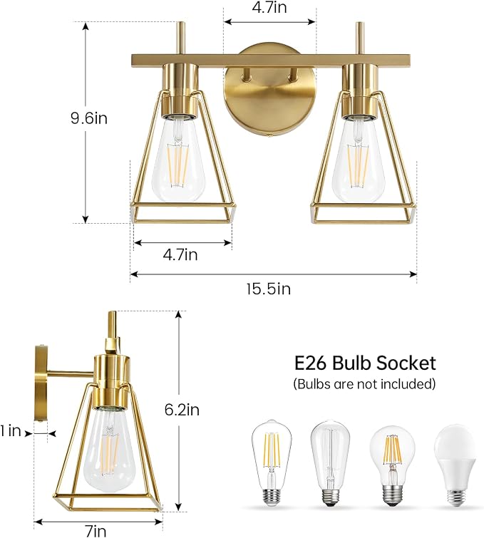 Industrial Bathroom Vanity Lights: 2-Lights Brush Gold Vintage Metal Cage Wall - Image 2