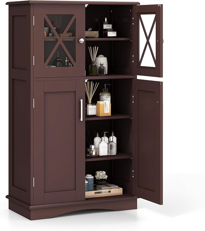 Tangkula Freestanding Floor Cabinet w/2 Glass Doors, 3-Level Adjustable Shelves by TANGKULA