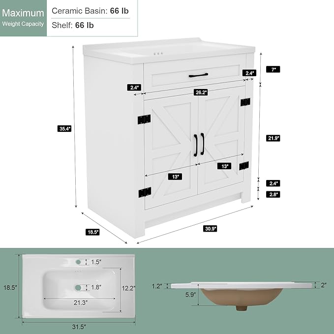 32 Inch Bathroom Vanity with Sink, Small Bathroom Sink Cabinet with 2 Barn Doors - Image 2