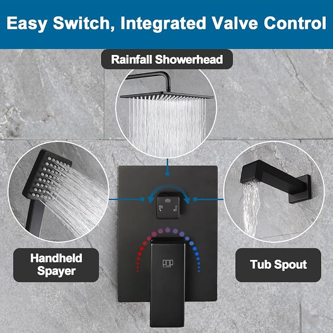 POP SANITARYWARE Matte Black Shower Tub Faucet Set Bathroom Rain Shower System - Image 8