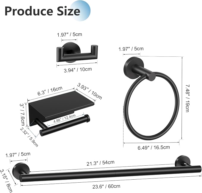 TNOMS 5 Pieces Towel Bar Set Matte Black Bathroom Hardware Set Upgraded Toilet - Image 6