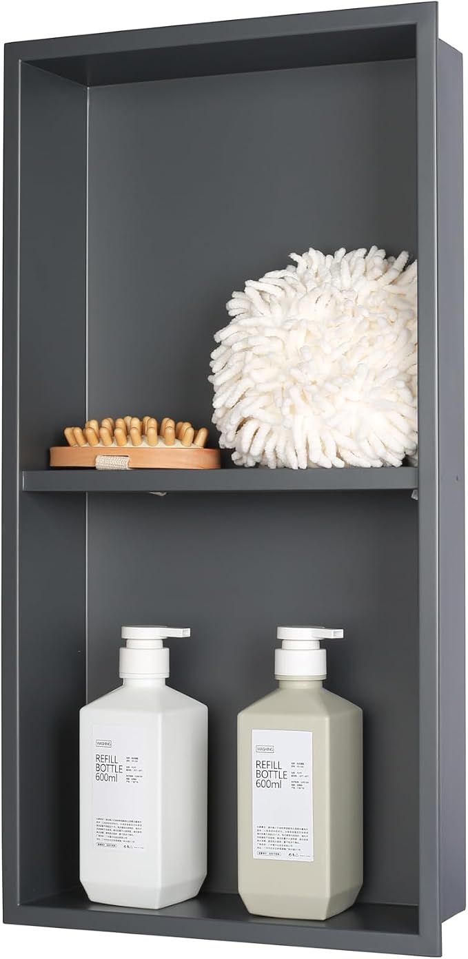 No Tile Ready Gunmetal Shower Niche, Stainless Steel Shower Wall Niche Inserts by IKITRAEE