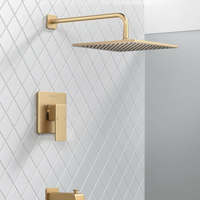 Lava Odoro 12-inch Square Bathtub and Shower Faucet Set Champagne Gold - Image 2