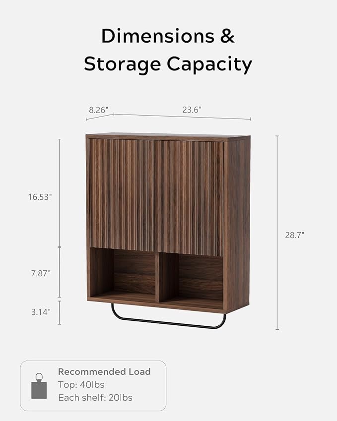 Fluted Wall Cabinet Set of 2, Wooden Bathroom Medicine Cabinet Storage - Image 2
