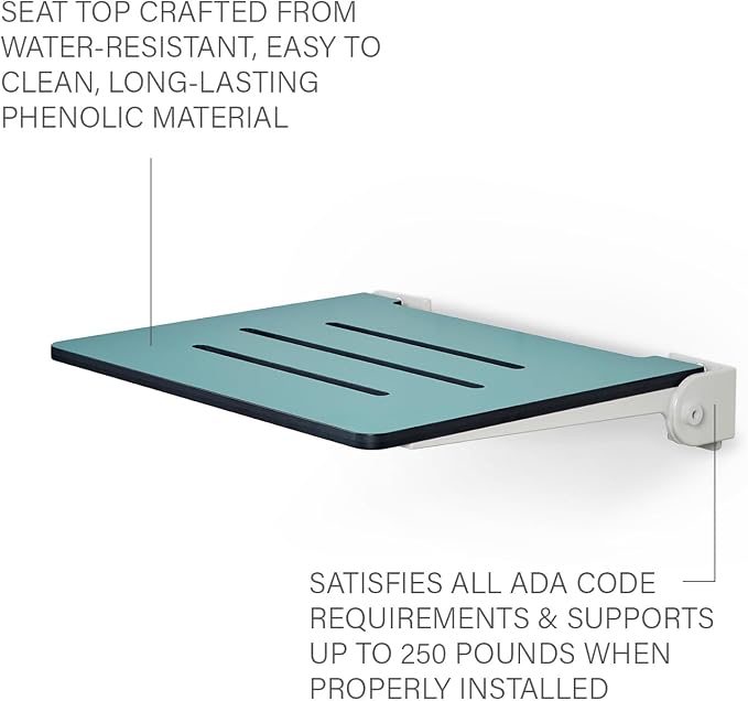 18 inch Silhouette Slimline Folding Wall Mount Shower Bench Seat, Teal Seat - Image 4