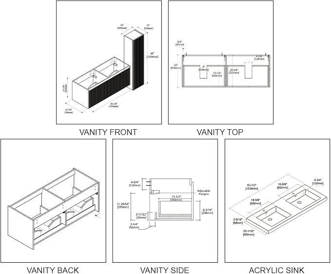 Blossom 60 Inch Double Sink Bathroom Vanity, All Wood Wall Mounted Floating - Image 5