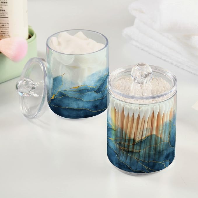4 Pack Qtip Holder Organizer Dispenser Blue Watercolor Marble Bathroom - Image 5