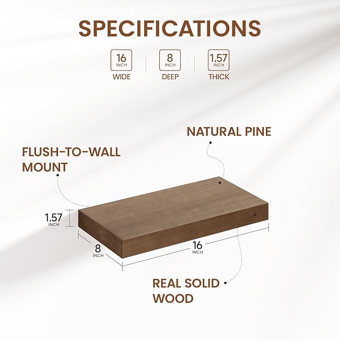 Heimlove Floating Shelves for Wall, 2 Packs 16 inches Natural Pine Solid Wood - Image 3